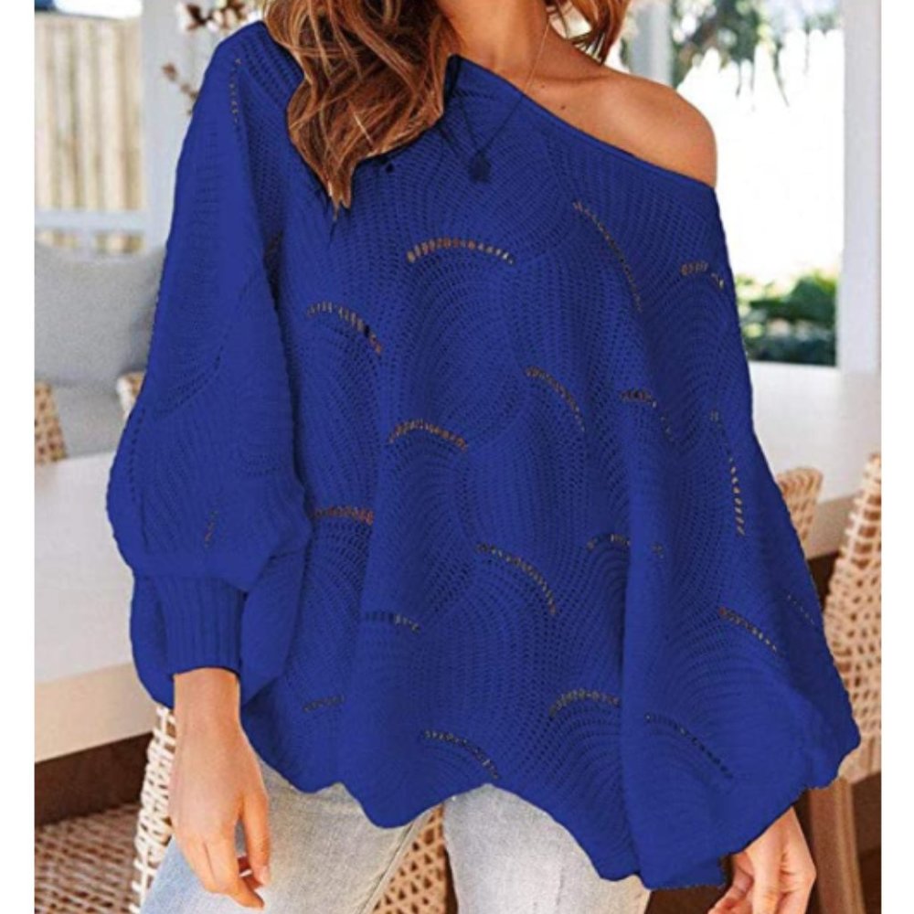 NWT Royal Blue Slouchy Scalloped Hem Knit Sweater. - Picture 2 of 6